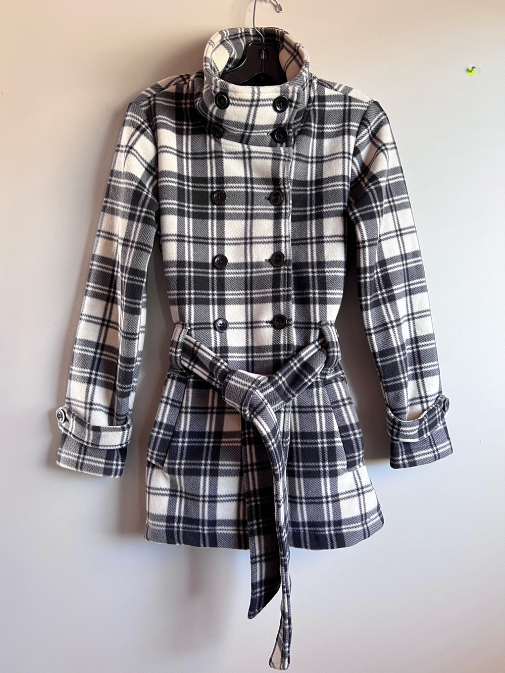 Lady Hathaway Plaid Coat Large Black White Belted Double Breasted Peacoat
